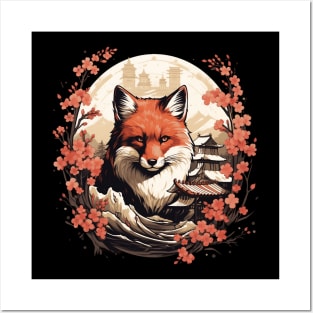 Red Fox Japanese Art with Sakura Trees Posters and Art